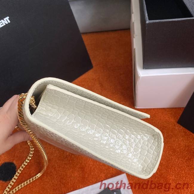 Yves Saint Laurent KATE CHAIN WALLET WITH TASSEL IN CROCODILE-EMBOSSED SHINY LEATHER 452159 WHITE