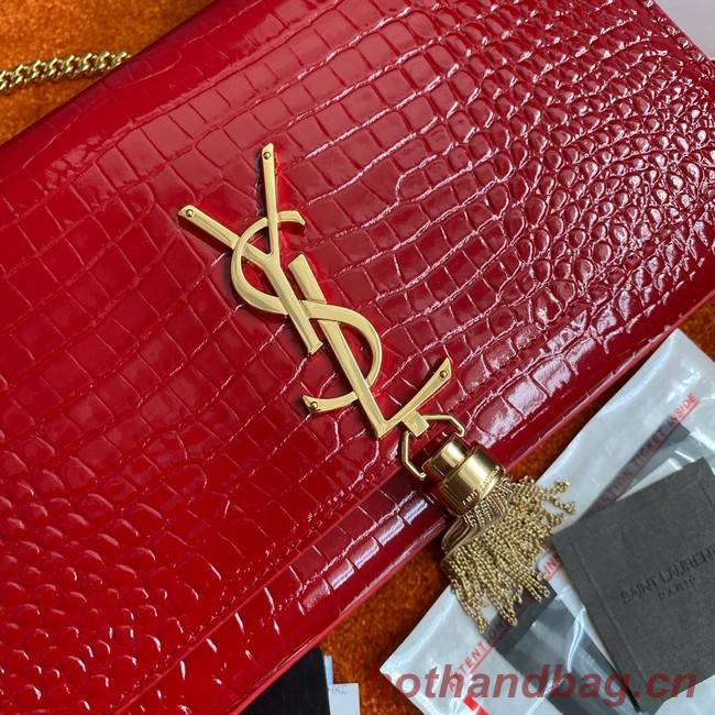 Yves Saint Laurent KATE CHAIN WALLET WITH TASSEL IN CROCODILE-EMBOSSED SHINY LEATHER 452159 red