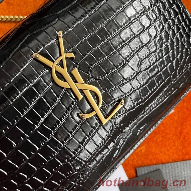 Yves Saint Laurent SUNSET SMALL CHAIN BAG IN CROCODILE EMBOSSED SHINY LEATHER Y533036A BLACK