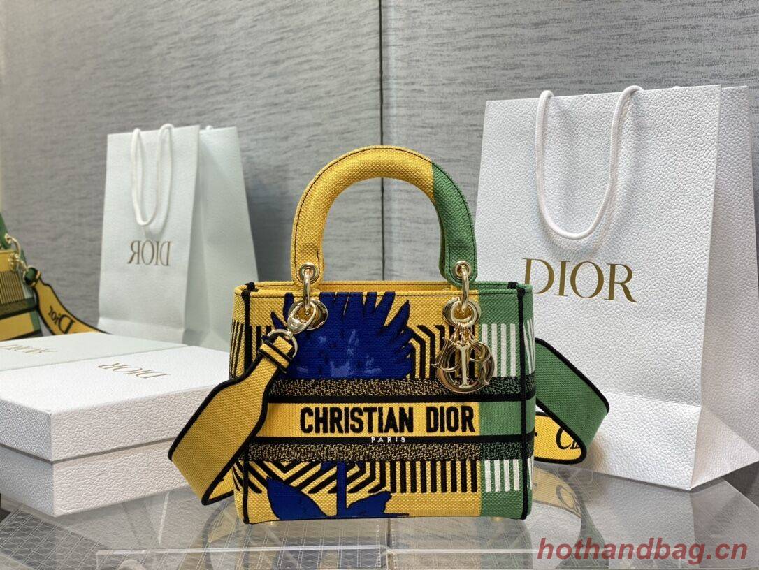 Dior MEDIUM LADY D-LITE BAG Embroidered C0420 yellow