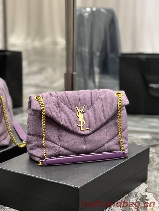 SAINT LAURENT PUFFER SMALL CHAIN BAG IN DENIM AND SMOOTH LEATHER 577476 BLEACHED LILAC