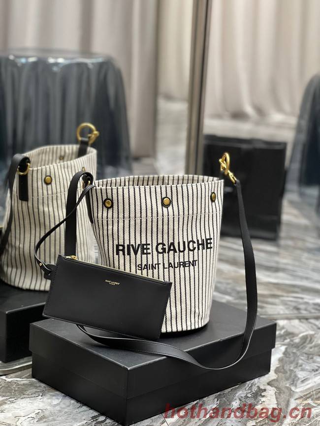 SAINT LAURENT RIVE GAUCHE BUCKET BAG IN STRIPED CANVAS AND LEATHER 669299 CREAM ET NOIR