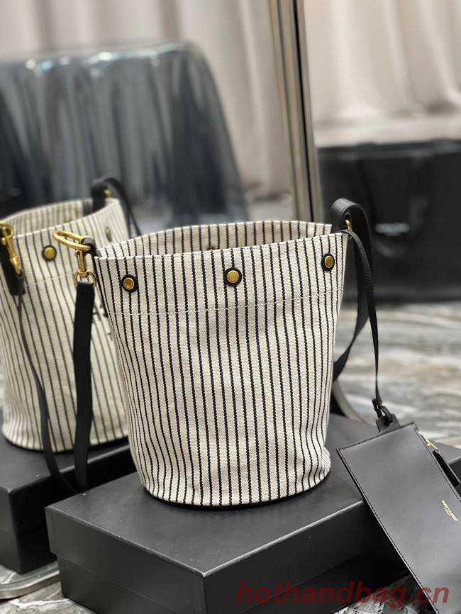 SAINT LAURENT RIVE GAUCHE BUCKET BAG IN STRIPED CANVAS AND LEATHER 669299 CREAM ET NOIR