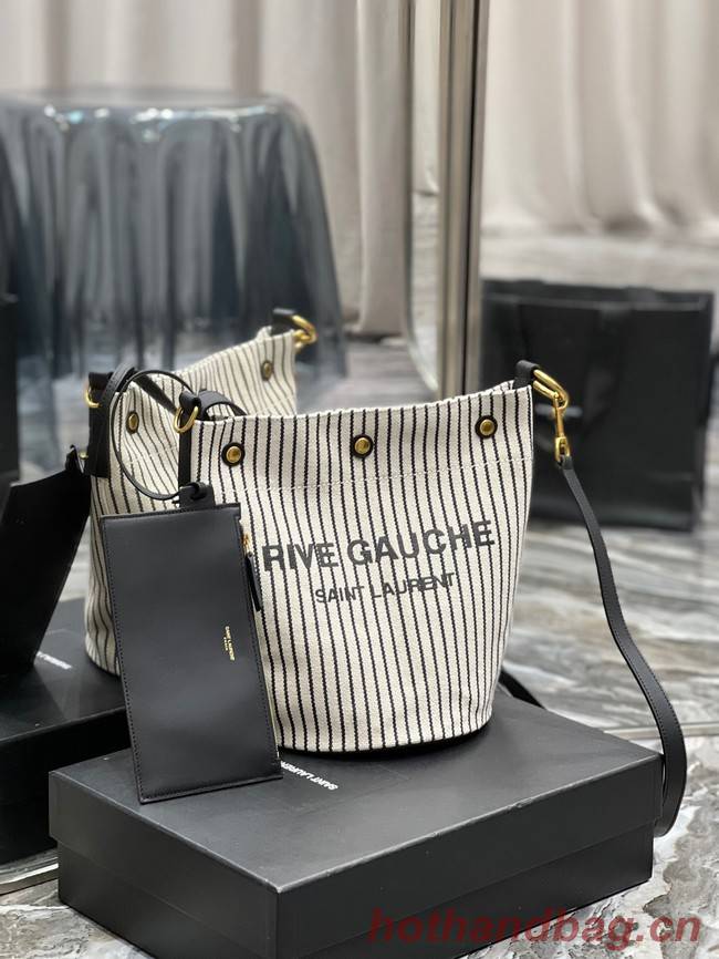 SAINT LAURENT RIVE GAUCHE BUCKET BAG IN STRIPED CANVAS AND LEATHER 669299 CREAM ET NOIR