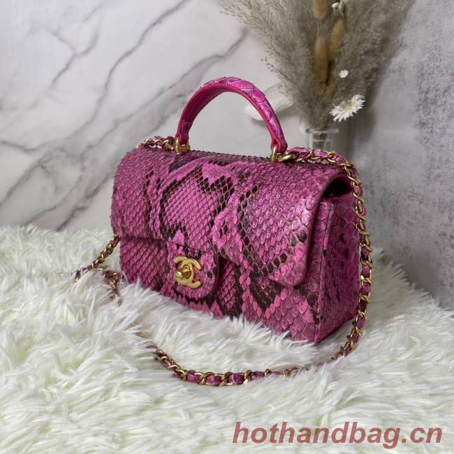 Chanel Snake skin mini flap bag with top handle AS2431 Fuchsia