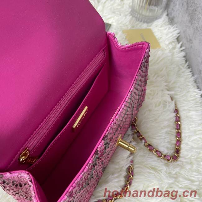 Chanel Snake skin mini flap bag with top handle AS2431 Fuchsia