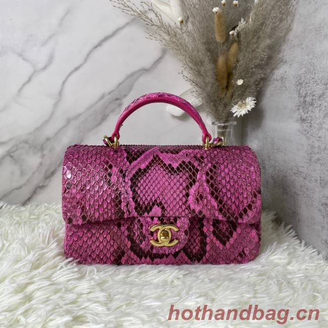 Chanel Snake skin mini flap bag with top handle AS2431 Fuchsia