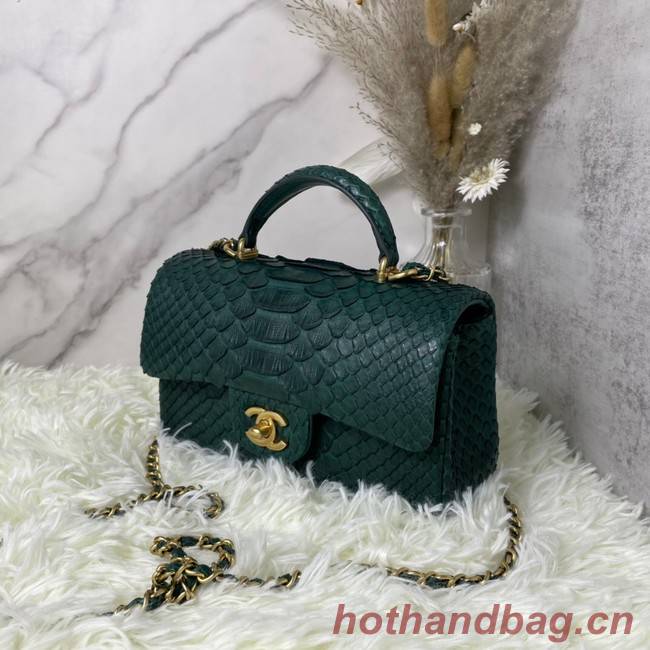 Chanel Snake skin mini flap bag with top handle AS2431 blackish green