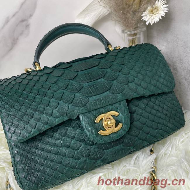 Chanel Snake skin mini flap bag with top handle AS2431 blackish green