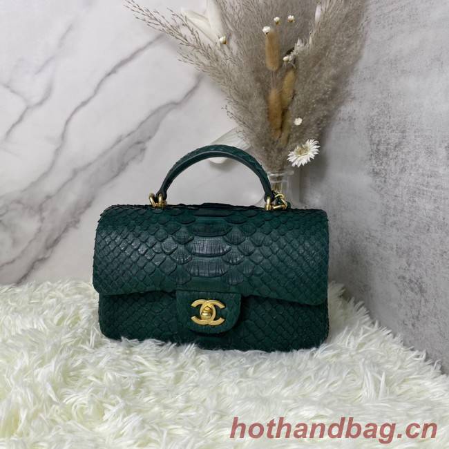 Chanel Snake skin mini flap bag with top handle AS2431 blackish green