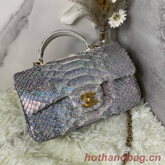 Chanel Snake skin mini flap bag with top handle AS2431 silver