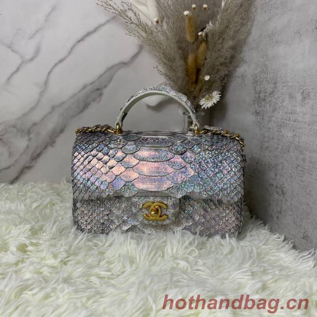 Chanel Snake skin mini flap bag with top handle AS2431 silver