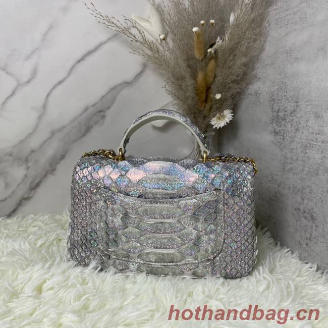 Chanel Snake skin mini flap bag with top handle AS2431 silver