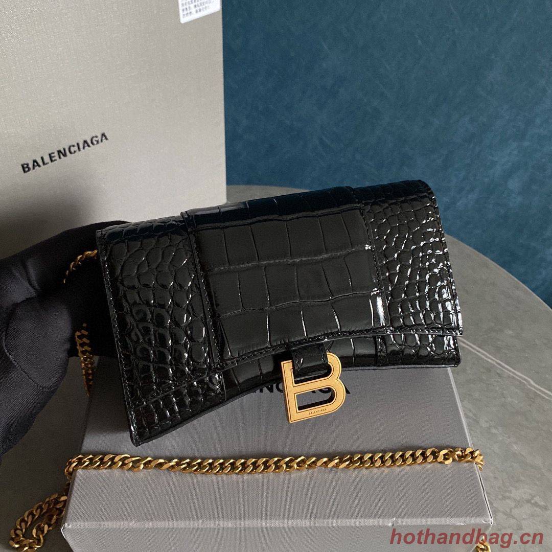 Balenciaga HOURGLASS Wallet With Chain Crocodile Embossed 656050 Black