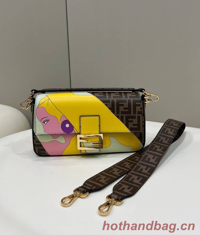 Fendi FF glazed fabric bag with inlay Baguette 8BR600A brown&yellow