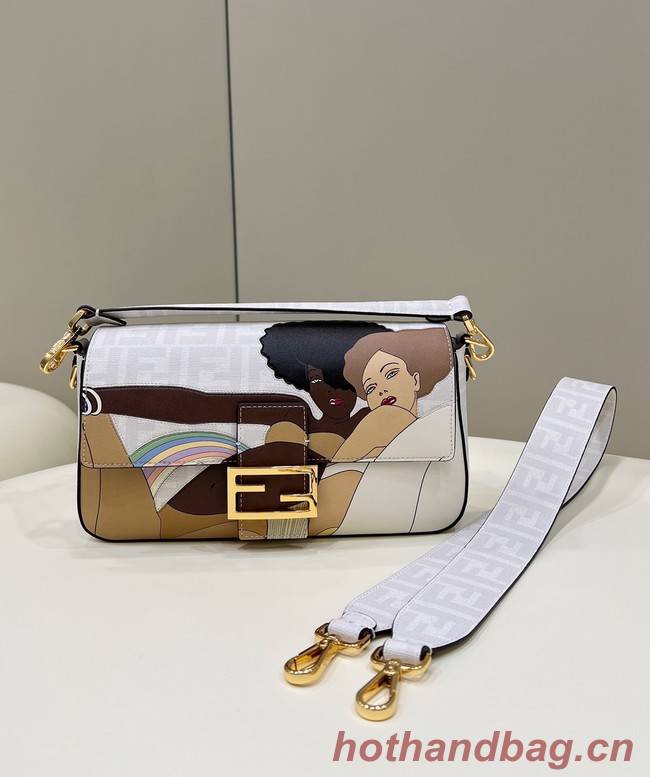 Fendi FF glazed fabric bag with inlay Baguette 8BR600A white