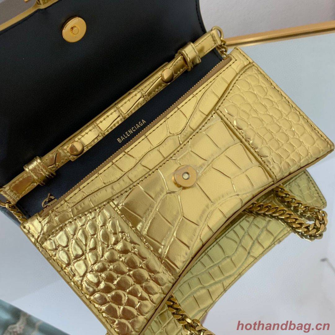 Balenciaga HOURGLASS Wallet With Chain Crocodile Embossed 656050 Gold