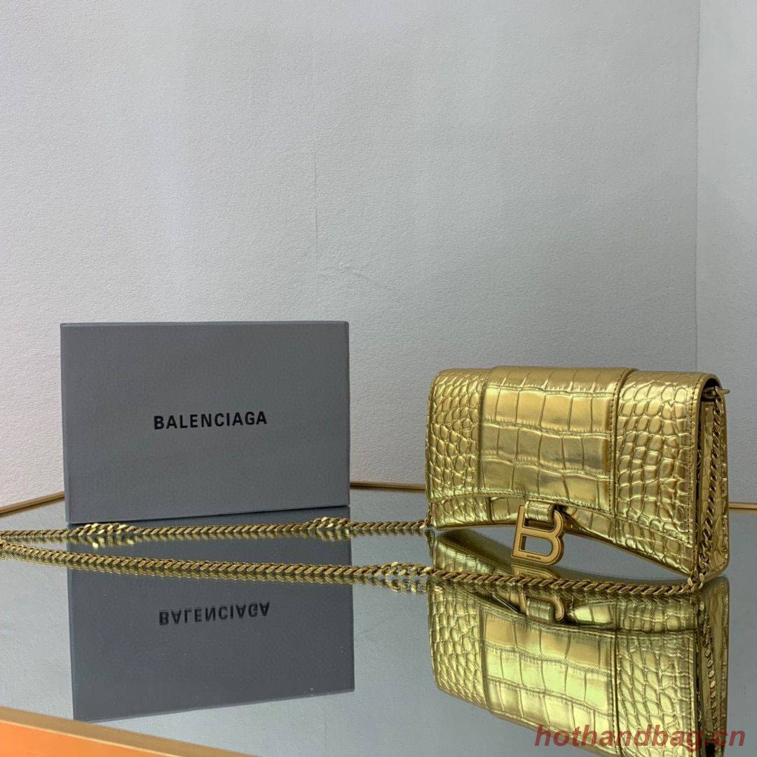 Balenciaga HOURGLASS Wallet With Chain Crocodile Embossed 656050 Gold