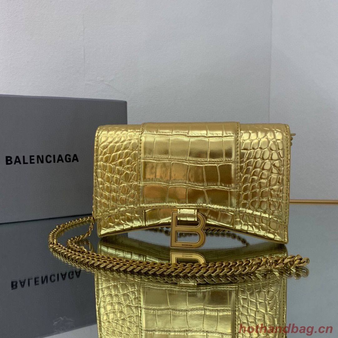 Balenciaga HOURGLASS Wallet With Chain Crocodile Embossed 656050 Gold