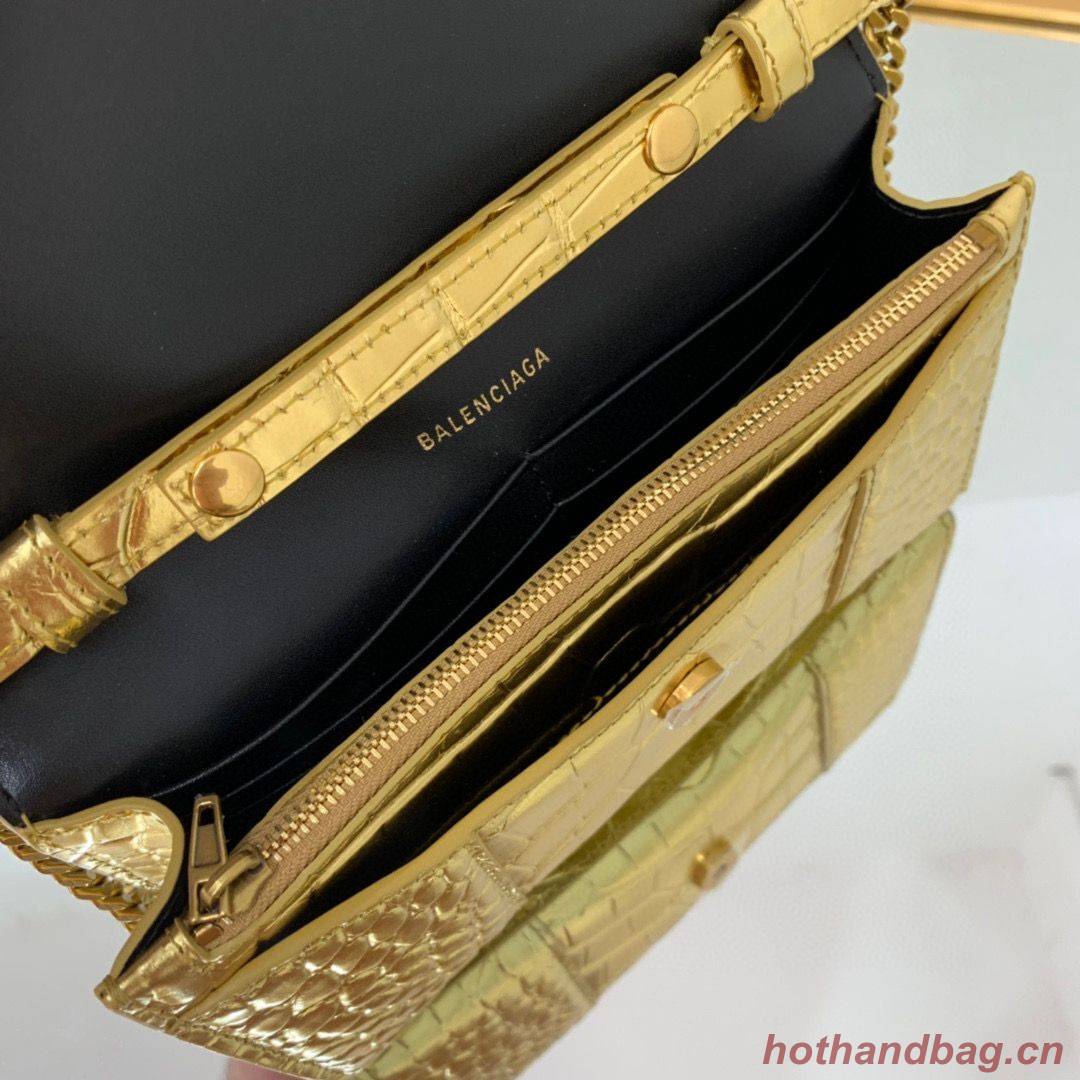 Balenciaga HOURGLASS Wallet With Chain Crocodile Embossed 656050 Gold