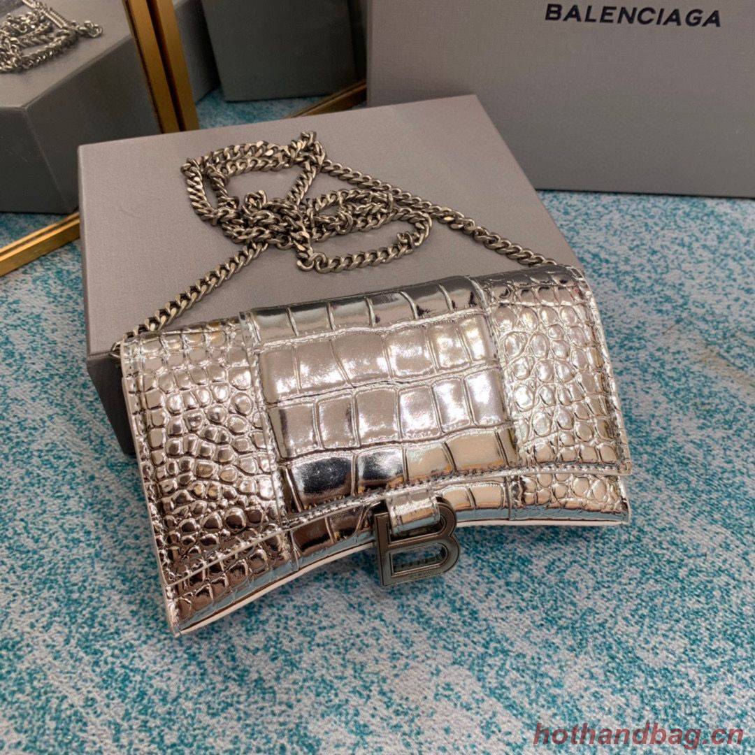 Balenciaga HOURGLASS Wallet With Chain Crocodile Embossed 656050 Silver