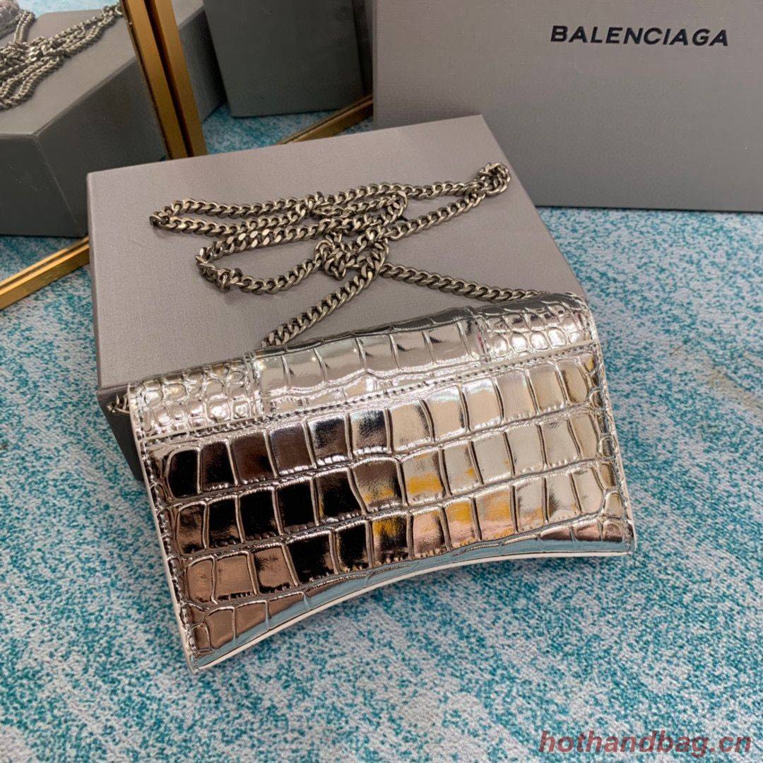 Balenciaga HOURGLASS Wallet With Chain Crocodile Embossed 656050 Silver