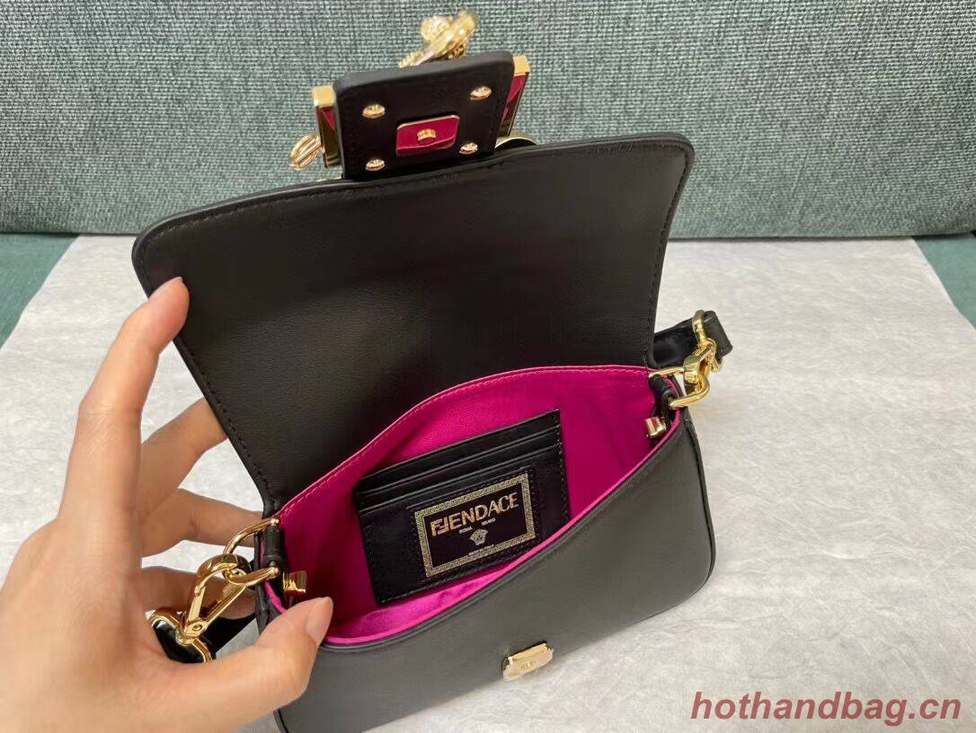 Fendi Brooch mini baguette Fendace leather bag 8BS066A black