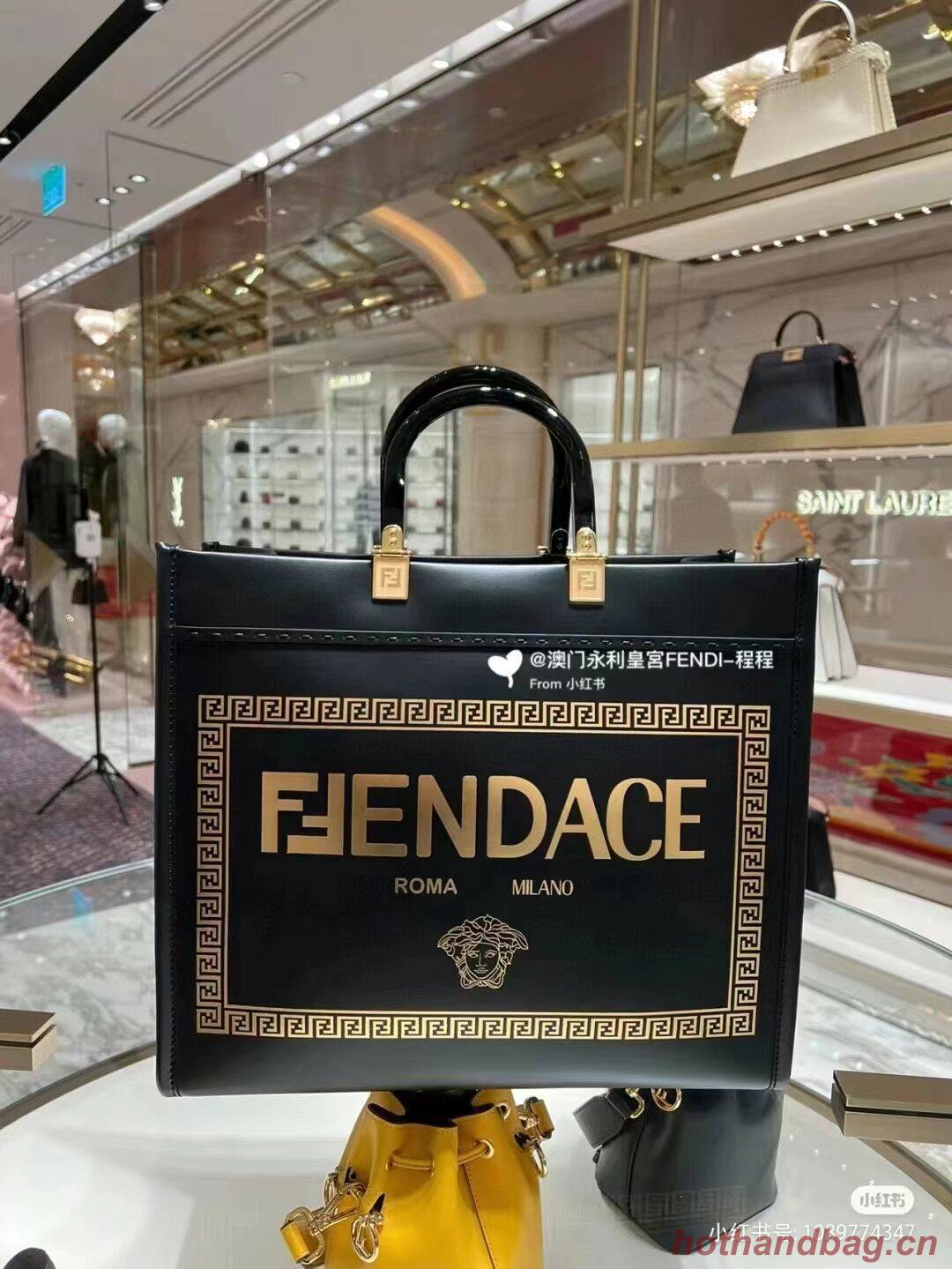 Fendi Sunshine Medium Fendace Printed black leather Logo shopper 8BH386A