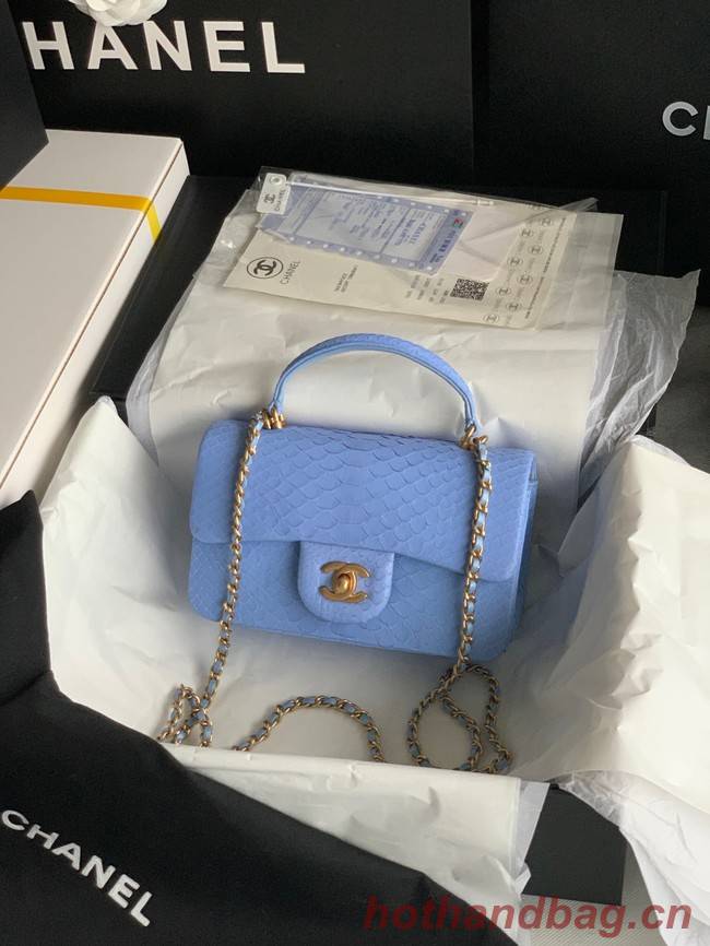 Chanel Snake skin mini flap bag with top handle AS2431 blue