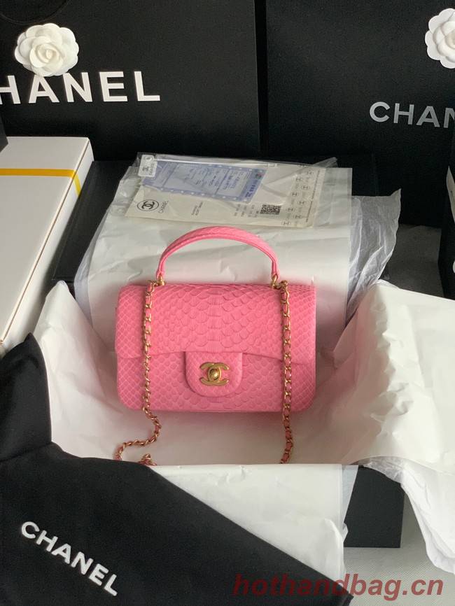 Chanel Snake skin mini flap bag with top handle AS2431 pink