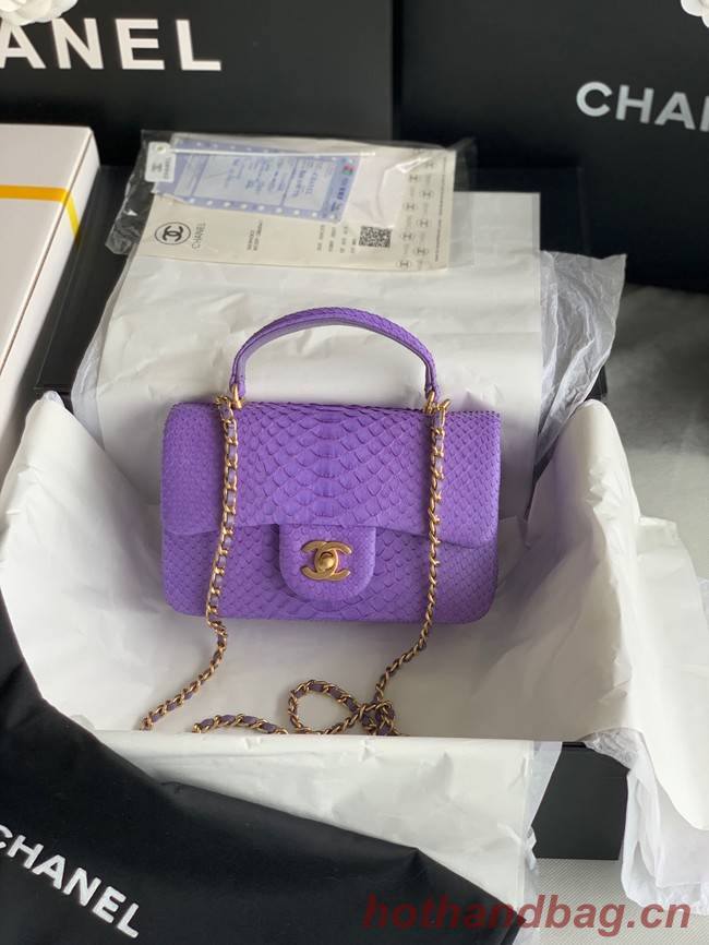 Chanel Snake skin mini flap bag with top handle AS2431 purple