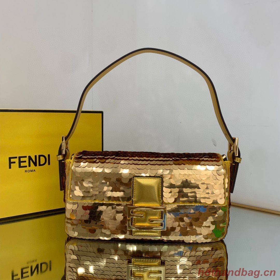 Fendi FF Baguette Gold Metal Sequin Embroidery Bag 2017 Gold