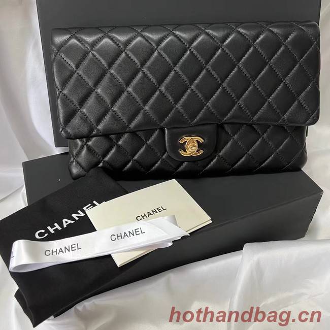 Chanel Clutch Bag Black Sheepskin Leather 7013 Gold