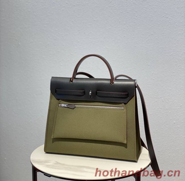 Hermes Herbag 31CM Original Canvas Leather & Calfskin 48887 green&brown