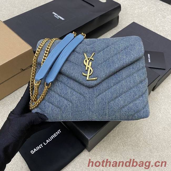 SAINT LAURENT PUFFER SMALL CHAIN BAG IN DENIM AND SMOOTH LEATHER 392277 BLUE