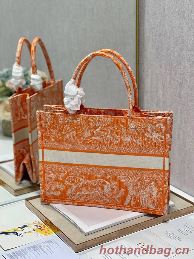 MEDIUM DIOR BOOK TOTE Fluorescent Orange Toile de Jouy Reverse Embroidery M1296ZROC