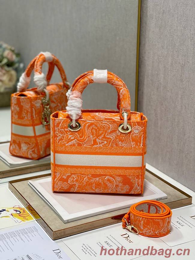 MEDIUM LADY D-LITE BAG Fluorescent Orange Toile de Jouy Reverse Embroidery M0565ORO