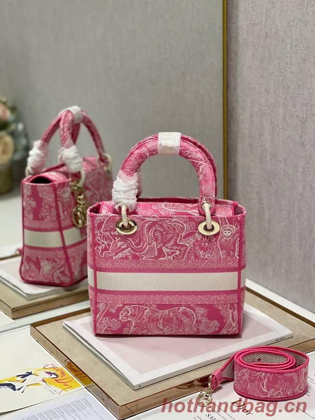 MEDIUM LADY D-LITE BAG Fluorescent Pink Toile de Jouy Reverse Embroidery M0565OROC