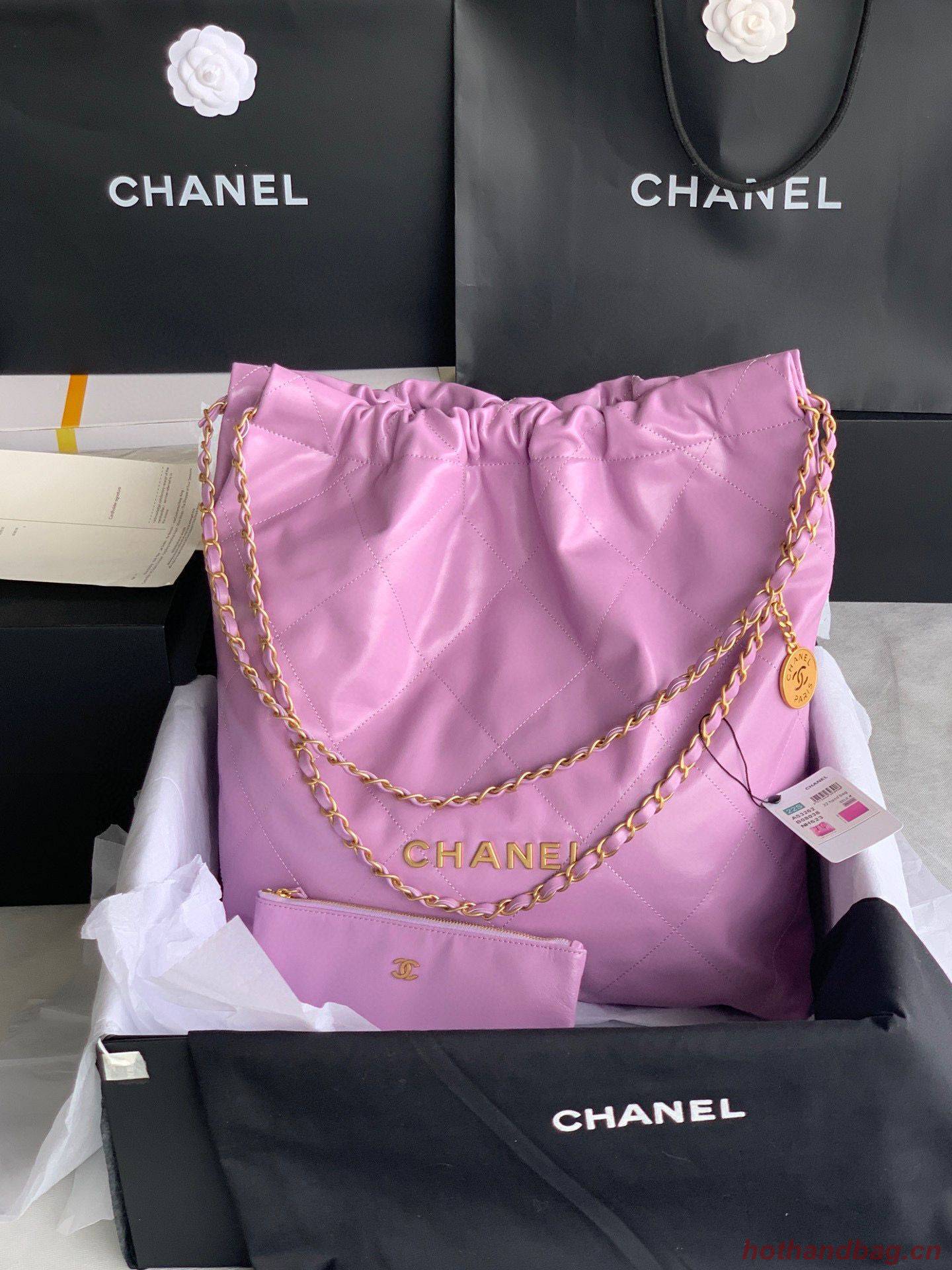 CHANEL 22 HANDBAG Shiny Calfskin & Gold-Tone Metal AS3262 Purple