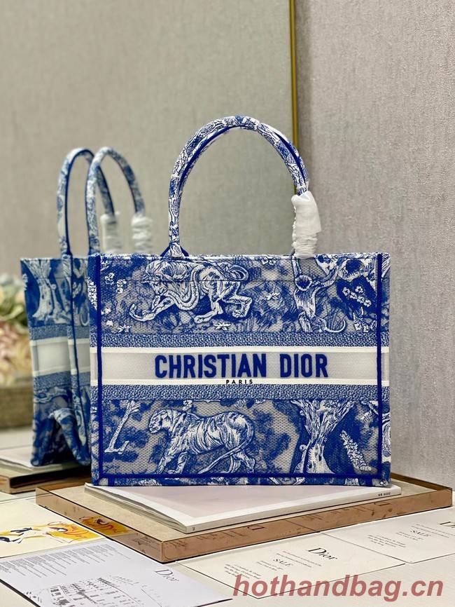 MEDIUM DIOR BOOK TOTE Fluorescent Blue Toile de Jouy Reverse Embroidery M1296ZROC