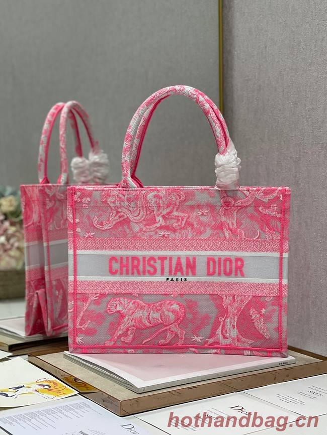 MEDIUM DIOR BOOK TOTE Fluorescent Pink Toile de Jouy Reverse Embroidery M1296ZROC