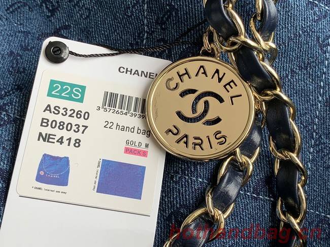 CHANEL 22 HANDBAG Denim AS3260 blue&gold