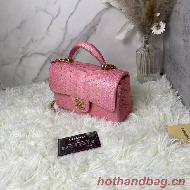 Chanel Snake skin mini flap bag with top handle AS2431 Pearlescent Pink