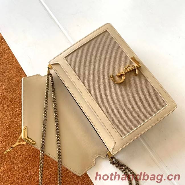 SAINT LAURENT CASSANDRA MEDIUM CHAIN BAG IN CANVAS AND BOX SAINT LAURENT LEATHER 532750 BEIGE ET SEA SALT