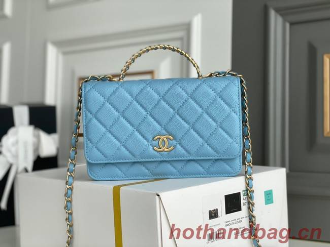 Chanel MINI FLAP BAG CLUTCH WITH CHAIN Gold-Tone Metal 22SS sky blue