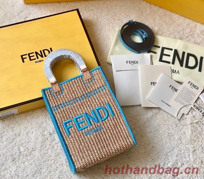 FENDI Mini Sunshine Shopper FF raffia mini-bag 8BS051A blue