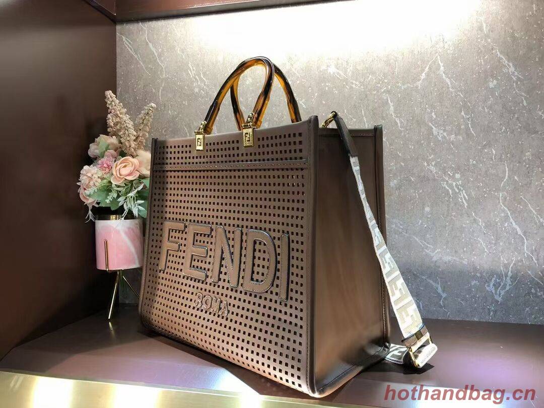 Fendi Sunshine Medium Two-toned perforated leather shopper 8BH386A  Coffee