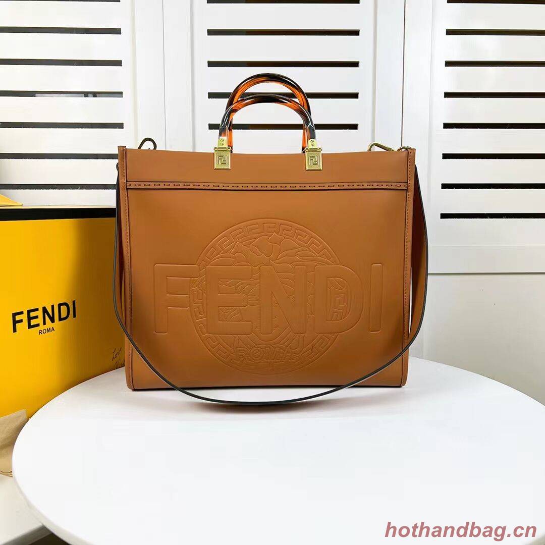 Fendi Sunshine Medium Fendace Printed black leather Logo shopper F0873 brown