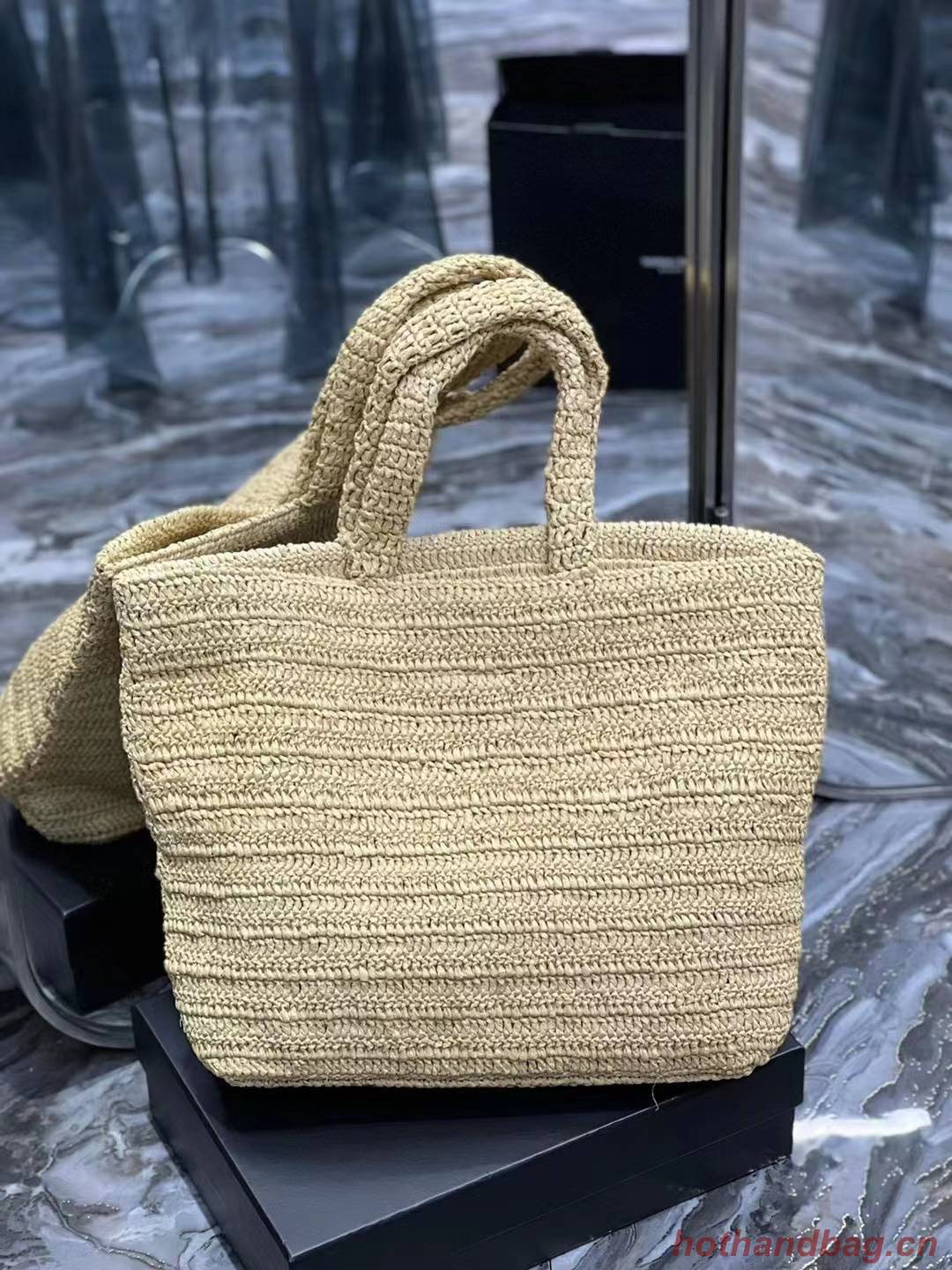 SAINT LAURENT RIVE GAUCHE SUPPLE TOTE BAG IN RAFFIA CROCHET 688864 NATUREL