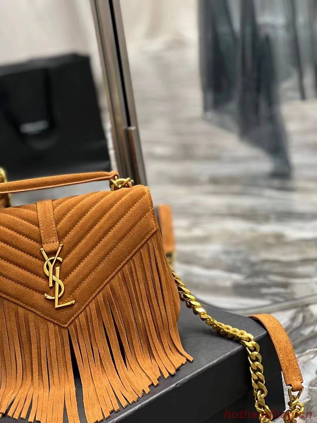 SAINT LAURENT COLLEGE MEDIUM CHAIN BAG IN LIGHT SUEDE WITH FRINGES 5317050 CINNAMON